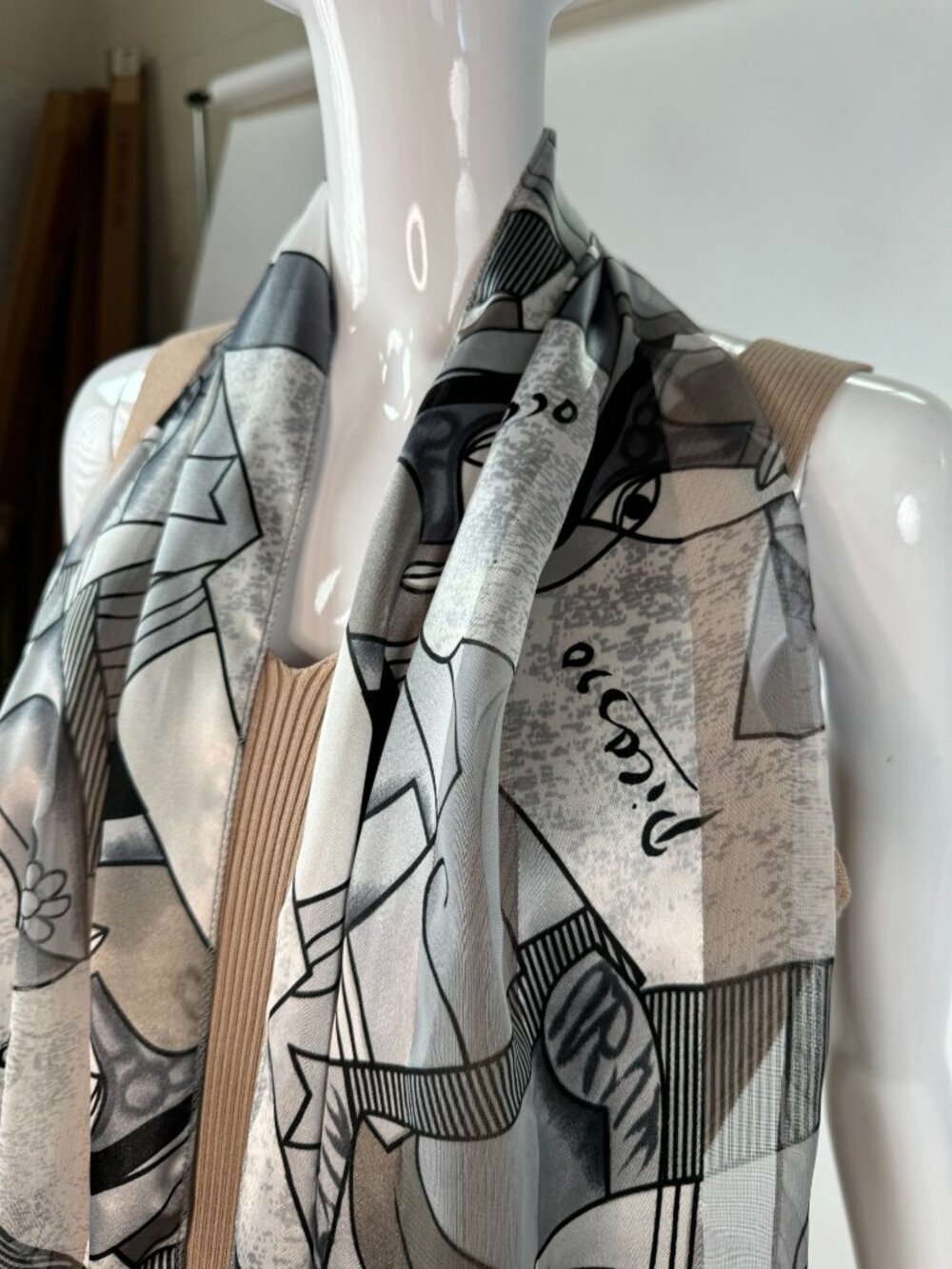 Vintage Picasso Style Abstract Print Scarf, Polyester, Made in Korea